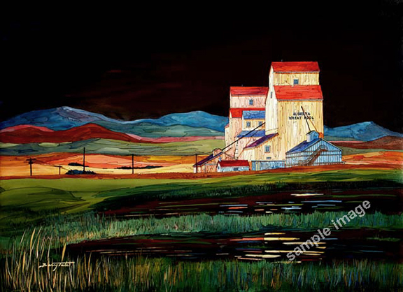 Alberta Wheat Pool grain elevator, painting by Barry Tate