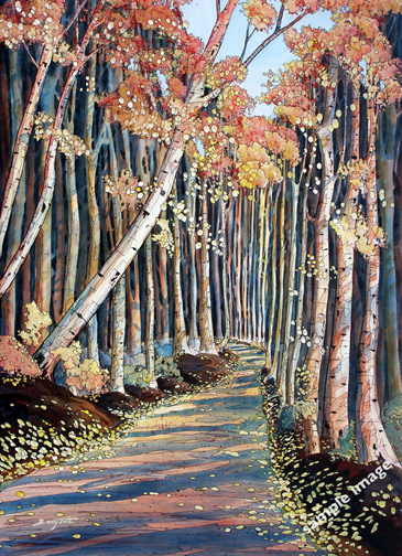 This is an acrylic painting of a walking path through a forest of colorful Aspen trees.