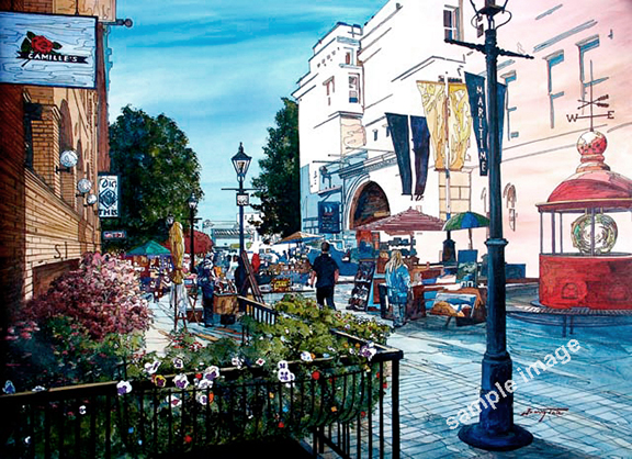 This is an acrylic painting of Bastion Square in Victoria BC by local artist Barry Tate