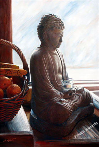 An acryic painting of a Buddah statue at Hollyhock.