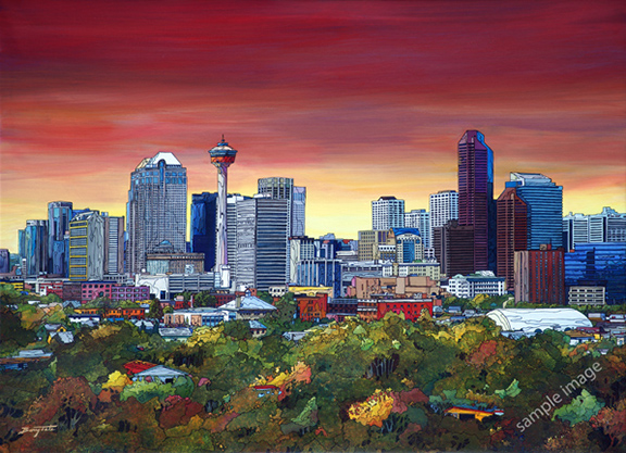 This is an acrylic city scape painting of Calgary Alberta, by Barry Tate
