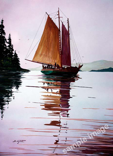 A painting of an old boat with real canvas sails near sunset by Barry Tate