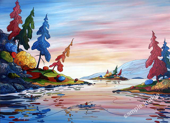 This is a kayak painting done by Barry Tate using an interpretive style.