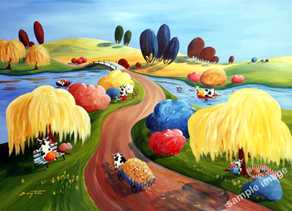 Cows Day Off is a fun cartoon like painting by Barry Tate