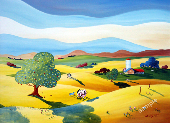 A colorful acrylic painting of holstien cows with an apple tree, by Barry Tate