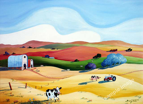 This is a painting holstein cows with an old red tractor, by Barry Tate