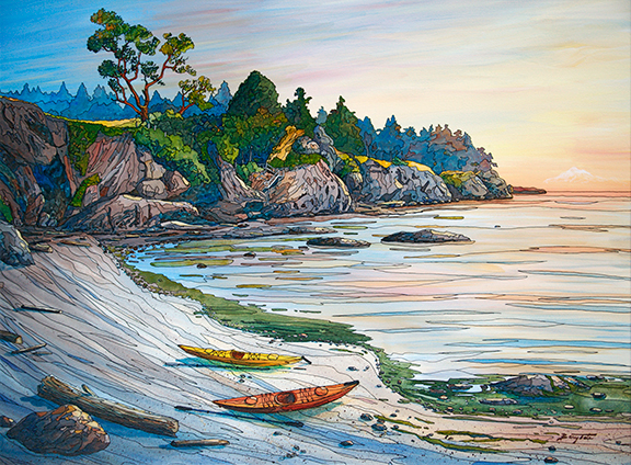 Sooke Point BC east side with orca pod, painting by Barry Tate