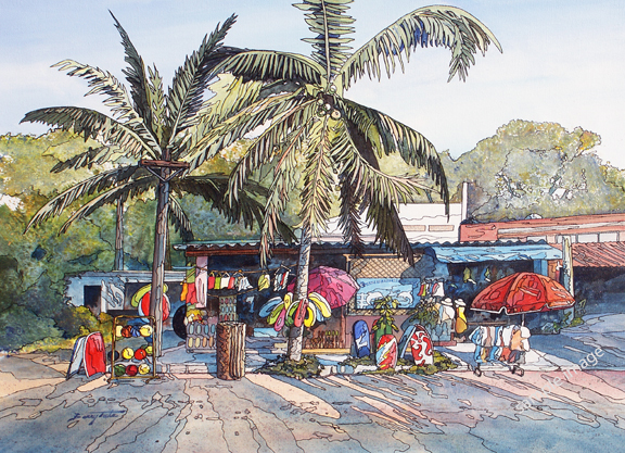 This is a painting of Curious Dolphins, a small gift shop in LaManzanilla Mexico