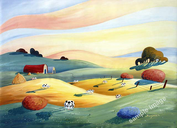 Dairy farm acrylic painting with holstein cows, by Barry Tate