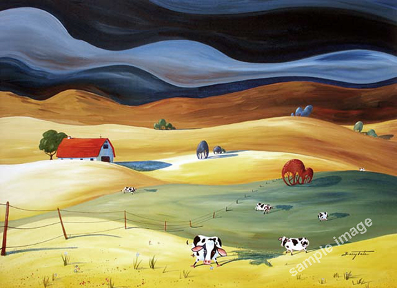 A dramatic prairie scene with a dark sky and yellow gold grassland. Painting by Barry Tate