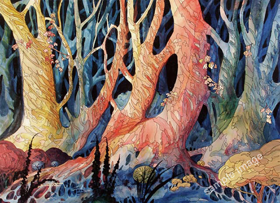 Dancing Forest is a colorful and unique style painting of a forest of trees