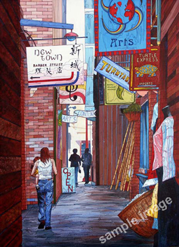 This is a painting of Fan Tan Alley, Victoria BC by Barry Tate