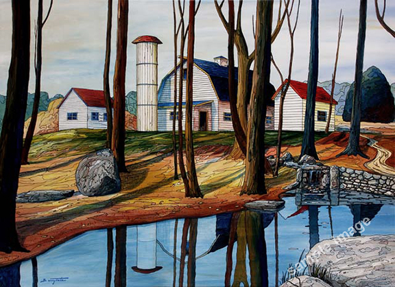 This is a colorful acrylic painting of a farm with a cree running by.