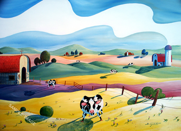 A fun painting of cartoon-like cows