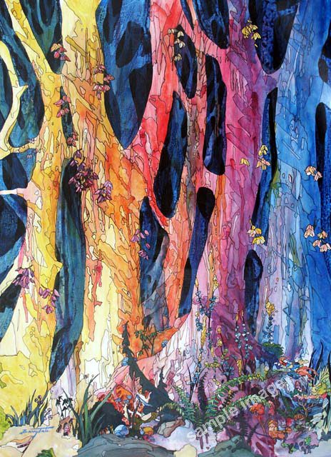This is a very colorful tree painting by Barry Tate