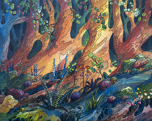 Forest In Spring is a colorful watercolor of trees in a unique style, bt artist Barry Tate
