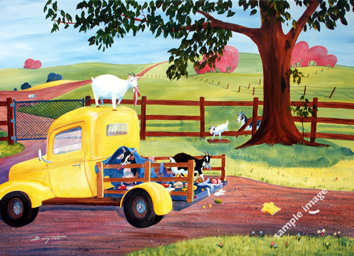 Funny goats raiding an old pickup truck!