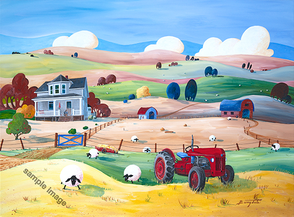 Happy Sheep And Tractor is a fun cartoon-like farm painting by Barry Tate