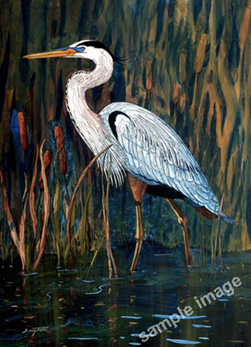 This is a painting of a magistic Great Blue Heron amonst some bull rushes.