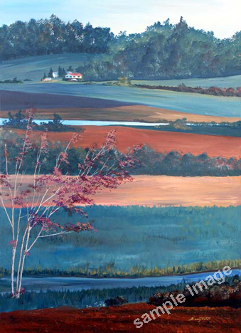 Island farm painting triptych off Island View Beach, Saanich peninsula