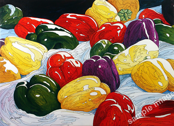 A painting of colorful peppers from a market in Montreal Canada