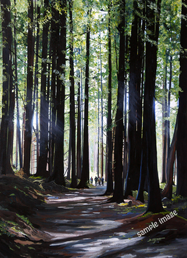 A painting of 4 people walking along a path to Mystic Beach, south end of Vancouver Island