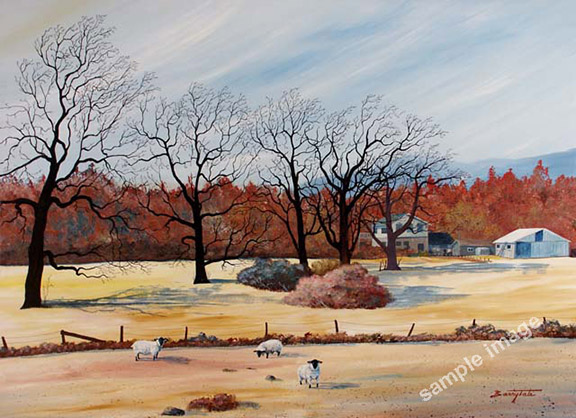 A sheep farm painting at the end of Summer, by Barry Tate