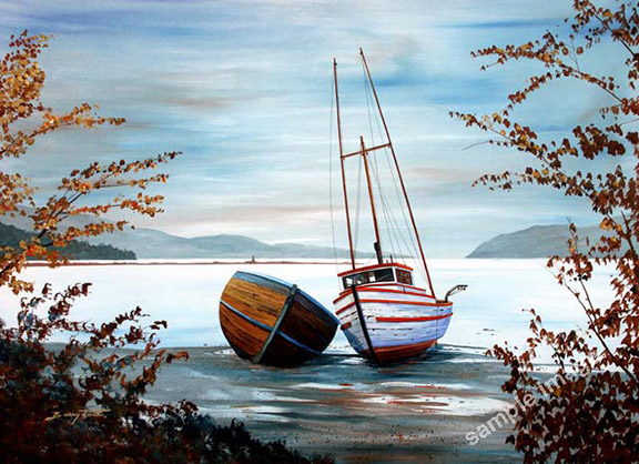 Two old fishing boats on a sandy shore.