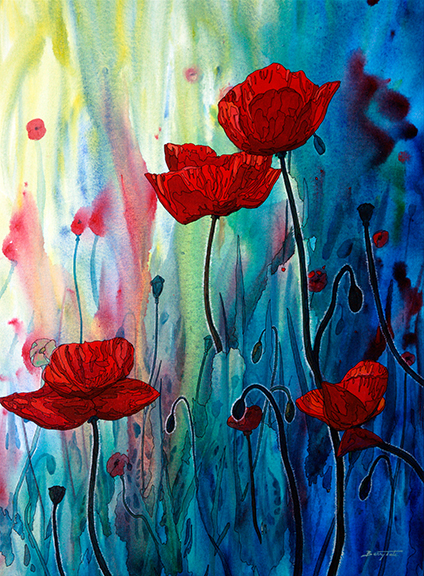 A colorful interpretive style painting of bright red poppies