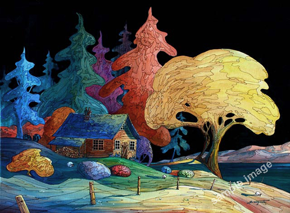 A colorful interpretive style acrylic painting of an island sheep farm, by Barry Tate