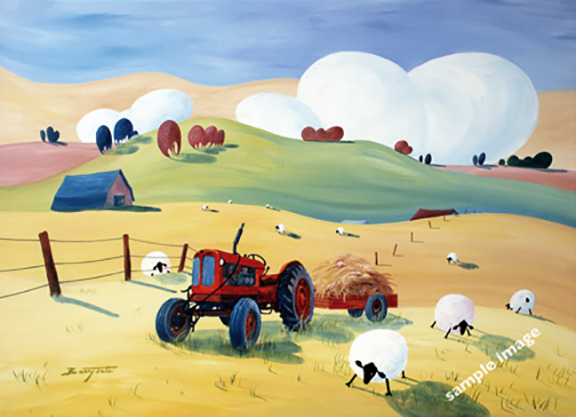 A fun and colorful painting of sheep with an old red tractor