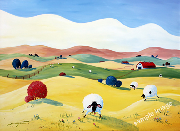 This is a fun and colorful painting of sheep with gooseberry bushes, on a prairy farm.