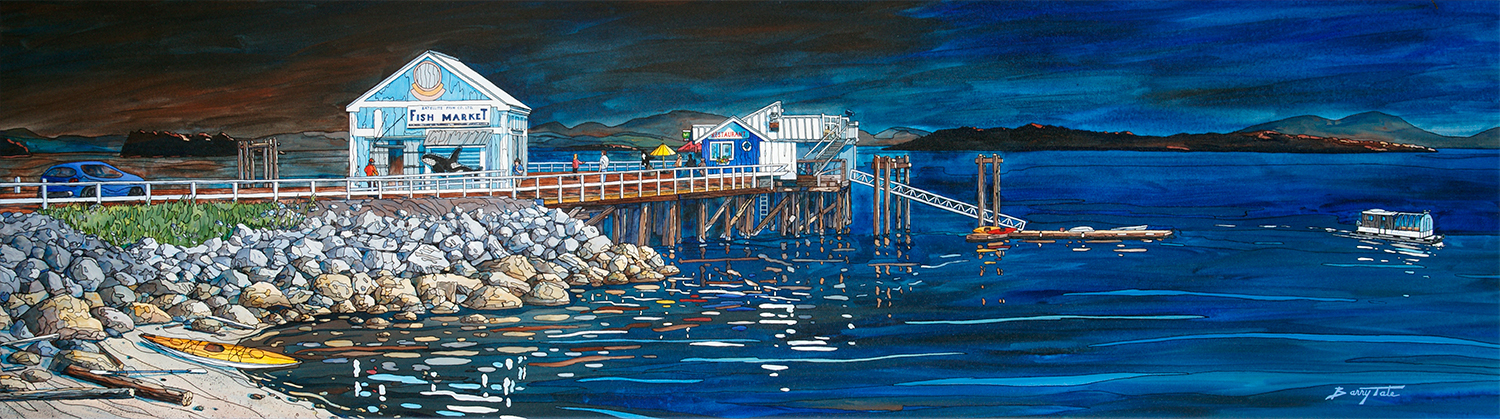 Sidney BC pier with Fish Market, Pier Bistro and EcoCruise boat - painting by Barry Tate
