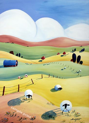 Funny sheep sleeping in a grassy field, a painting by Barry Tate