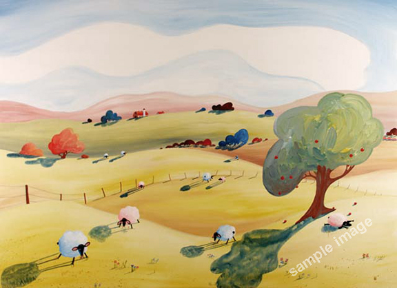 Sleepy sheep with green apple tree painting by Barry Tate