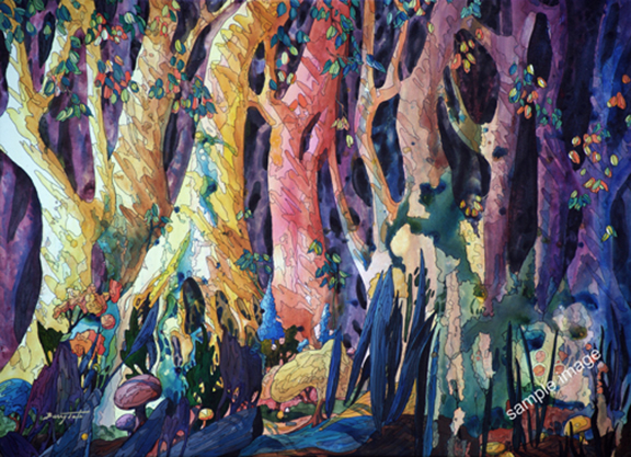 The is a very colorful semi abstract painting of a deep oak or maple forest.