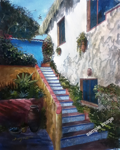 A sunlit set of stairs in the small town of LaManzanilla, Mexico