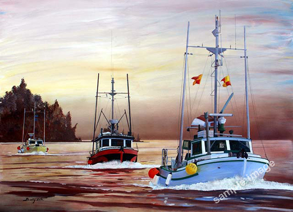 A painting of 3 trollers at fist light, heading out to sea