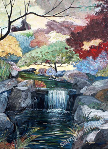 A restful painting of a waterfall and deep pond, by Barry Tate